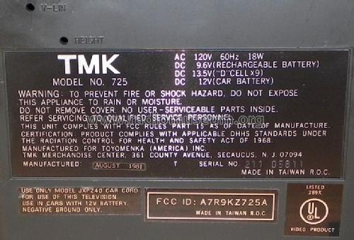 TV-Radio-Cassette-Recorder 725; TMK Toyomenka, Inc.; (ID = 831881) TV Radio